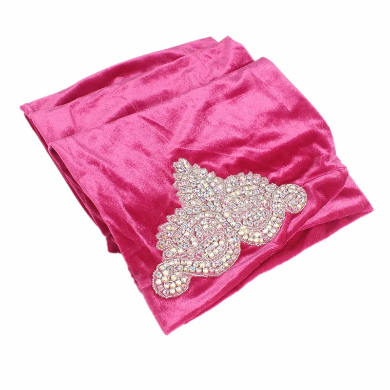 Women Fashion Muslim Scarf Hijabs Hats Velvet Diamonds Women India Hat Turban Hats Wrap Cap Long Head Scarf Headscarf Hats - Цвет: rose red
