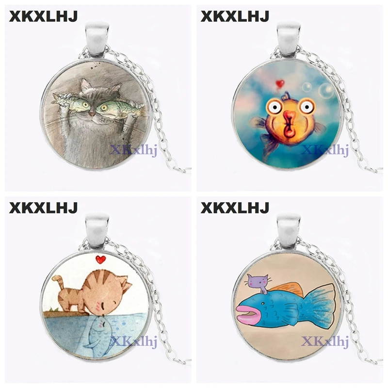 XKXLHJ необычное забавное металлическое ожерелье ручной работы в виде кошки рыбы