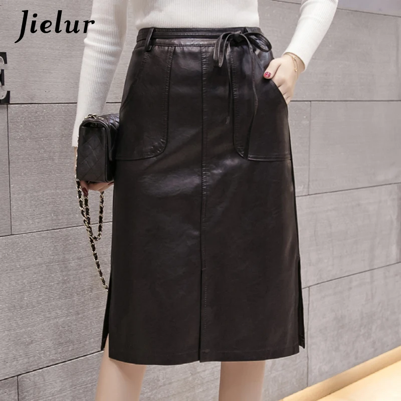 

Jielur Chic Pockets Lace-up PU Leather Skirts Female Autumn High-waist Split Women's Skirt Fashion A-line Saias Feminino S-XXL