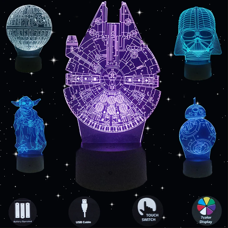 

3D ночник s Death Star Yoda Warrior BB8, светодиодный светильник, настольные лампы, сенсорный USB светильник для спальни, бара, украшение для дома и стола