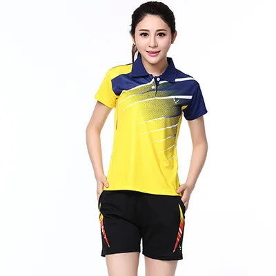 Female B9817 yellow Новая футболка для бадминтона+ шорты футболки для пары для игры в настольный теннис, футболка, дышащая быстросохнущая Мужская/Женская теннисная футболка с поездами - Цвет: Female B9817 yellow