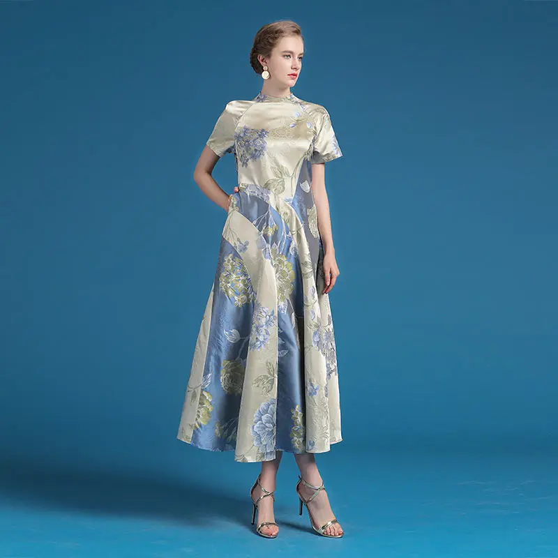 Винтажное шелковое жаккардовое платье VOA длинное с коротким рукавом и высоким