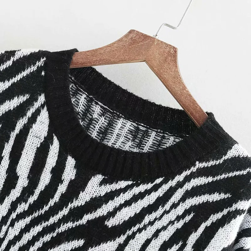 Wonder 2018 new autumn Vintage Zebra Pattern Short Knitted Sweater O Neck Long Sleeve Animal Print Pullovers Casual Pull Femme | Женская