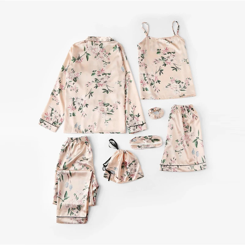Dotfashion абрикосовый 7 шт. цветочный принт атласный Cami PJ набор с рубашкой пижамы для женщин Весенняя элегантная Домашняя одежда с длинным рукавом
