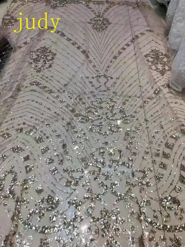 

stock 5yards/bag HL705# Silver line adhesive sequins mesh fabric fashionable French fabric used for wedding dress dinner stage
