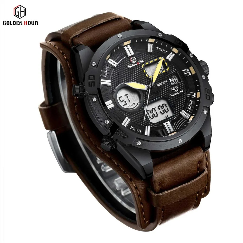 GOLDENHOUR Dual Time Цифровые Аналоговые спортивные часы мужские коричневый кожаный ремешок светильник светодиодный Будильник календарь дисплей водонепроницаемые часы