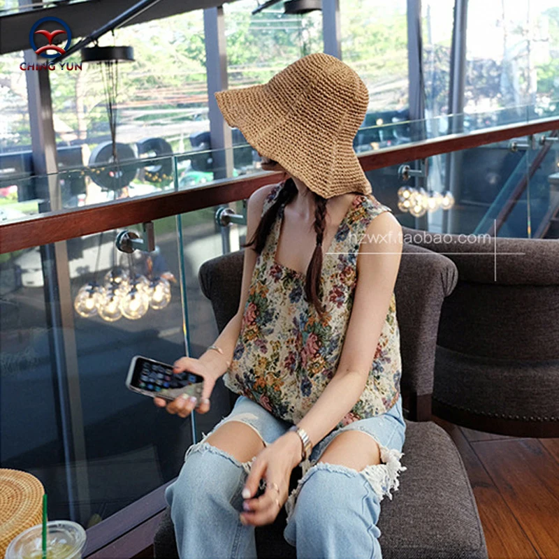 CHING YUN Summer Women hat korea style sun Lafite straw brim beach Fisherman's foldable Seaside travel leisure | Аксессуары для