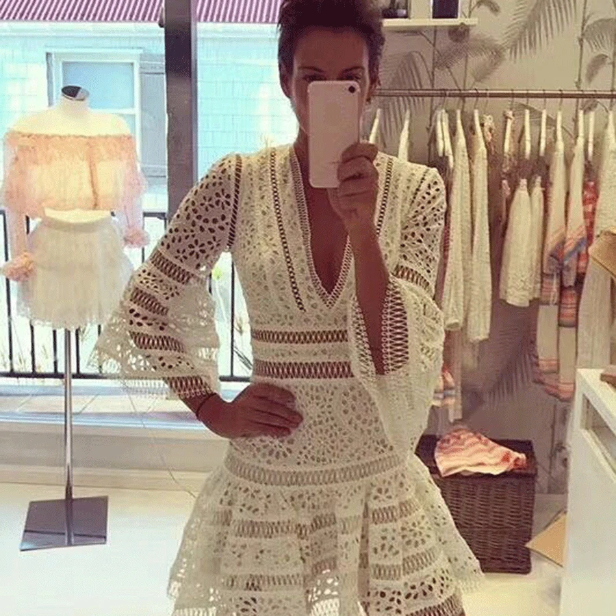 Дизайнерское осеннее Новое Женское платье Vestidos с расклешенными рукавами, однотонное белое платье с глубоким v-образным вырезом, праздничное Сексуальное Женское Платье