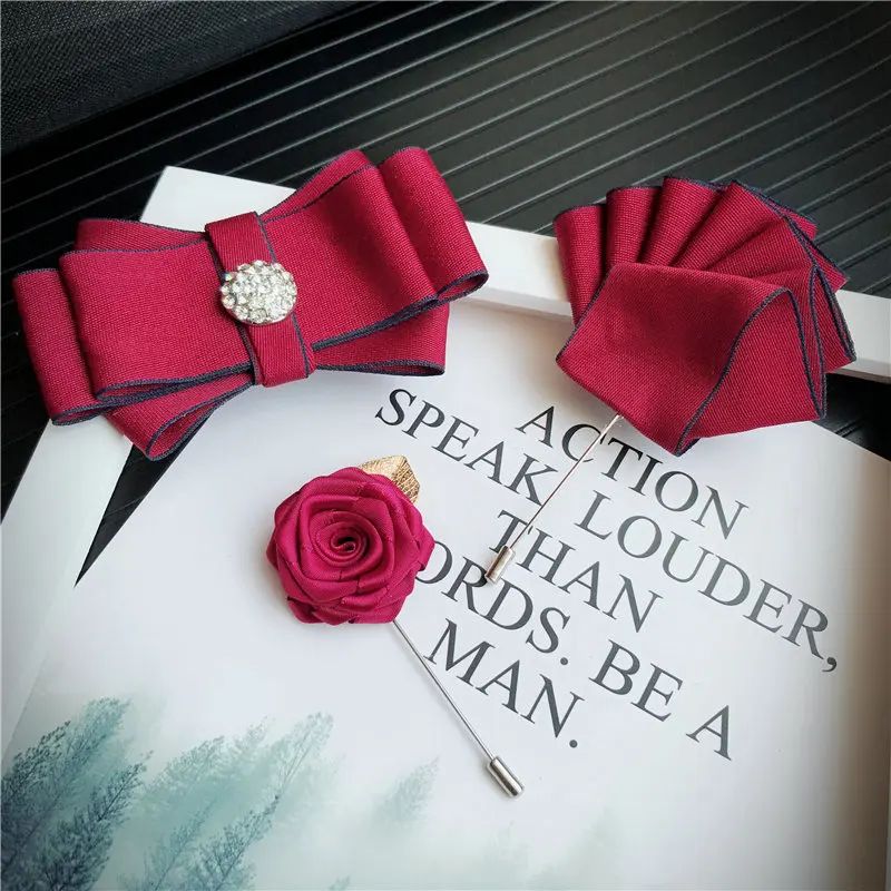 Handmade Bow Tie Set 3 шт., мужские галстуки-бабочки унисекс, стразы, брошь, набор носовых платков, Свадебный костюм, бизнес, Рождественский галстук, галстук, карманный квадратный галстук-бабочка - Цвет: Handmade Bow Tie Set
