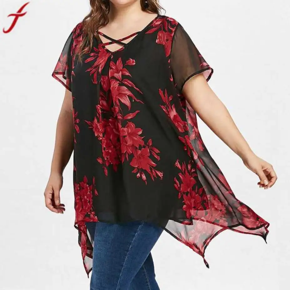 Женские топы 5xl 2019 летняя двойная шифоновая блузка с перекрещивающимися спереди