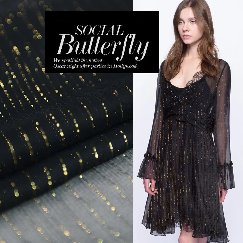 100 см * 114 черный шелк жоржет шифон металлический жаккардовый ткань для шарфы|silk