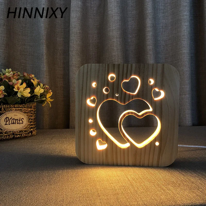 Hinnixy Любовь Сердце полый ночник 3D квадратный деревянный мягкий свет прикроватный