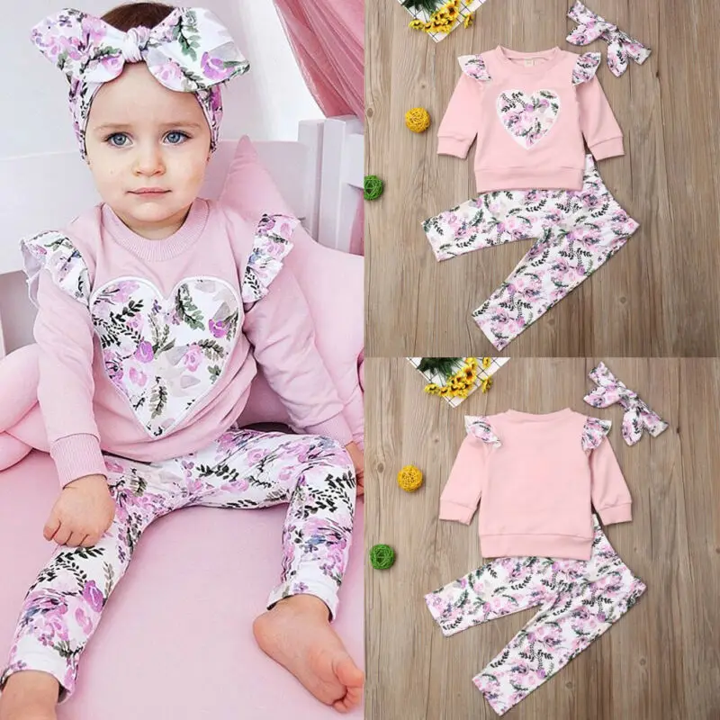Kids Baby Girl Flroal O neck Tops + pink pants Headband Outfits Clothes Summer 3Pcs Kid Girls Clothing Set Drop Ship | Детская одежда и