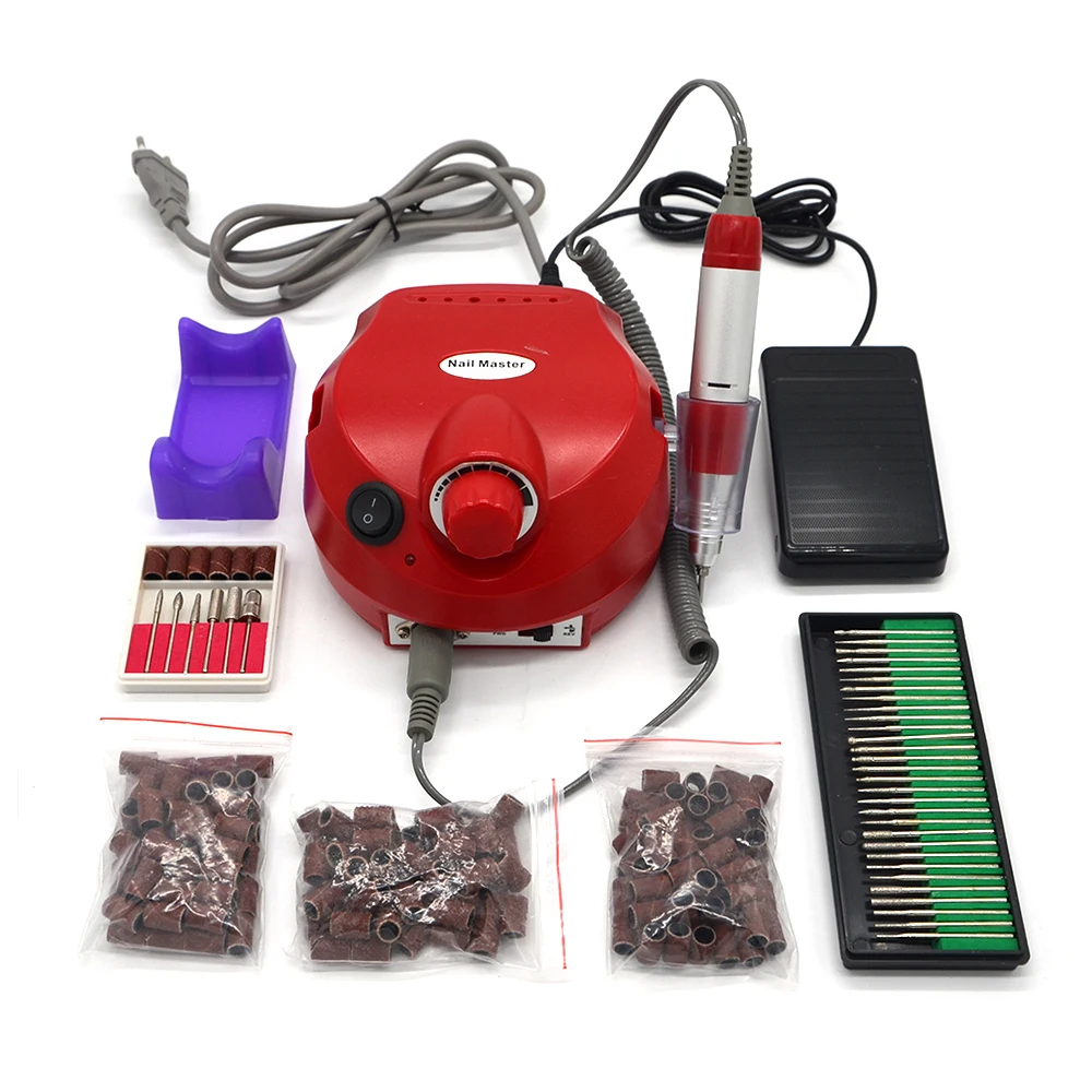 red  Nail Tools Electric Nail Drill Machine 35000RPM Nail Art Equipment Manicure Kit Nail File Drill Bit Sanding Band Accessory