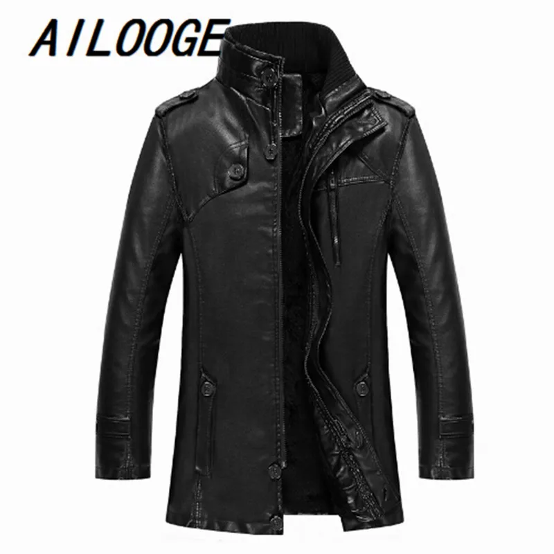 

Autumn&Winter Thicking Men Jacket Stand Collar Long PU Leather Jacket Fleece Warm Zipper Mens Jackets Coats Jaqueta Masculina
