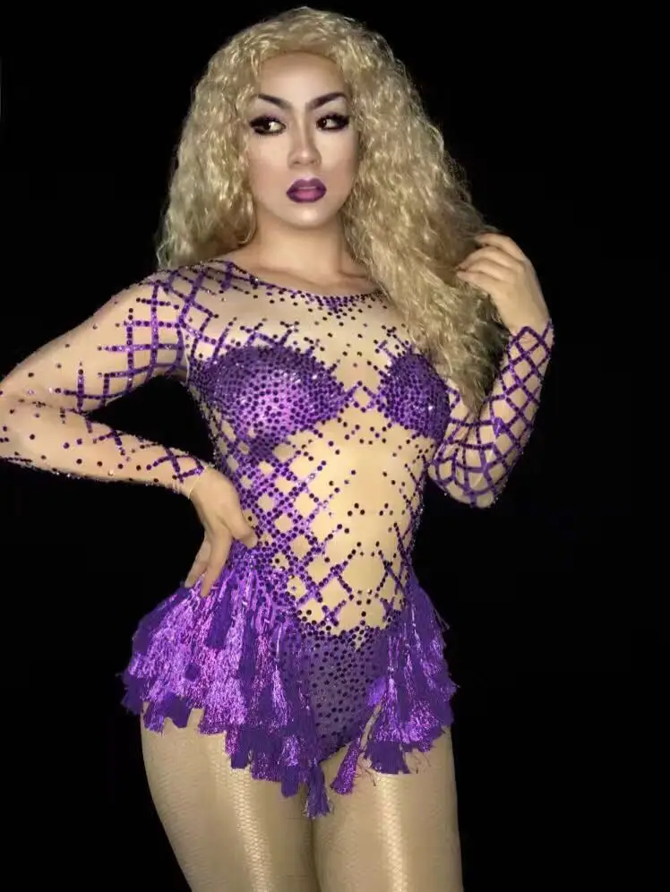 Women New Sexy Purple Tassel Crystals Bodysuit Outfit Party Costumes Stage Wear Dance Nightclub Singer Rhinestone Bodysuit