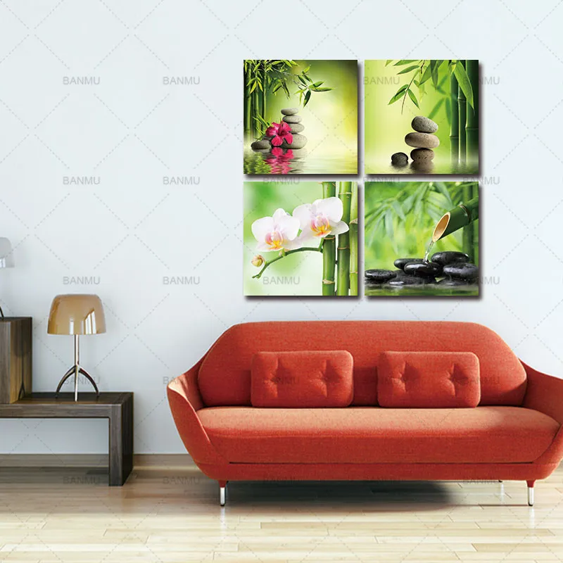 Nvas Wall Art Современный домашний декор Печать на холсте жикле Расслабляющая энергия спа камни бамбук зеленый в сад поток воды Ca