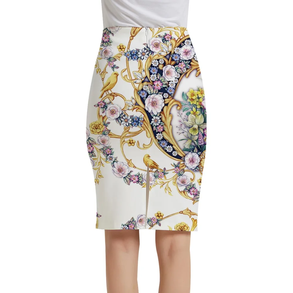 Женская юбка карандаш KYKU трикотажная с 3D принтом цветов и птиц в японском стиле