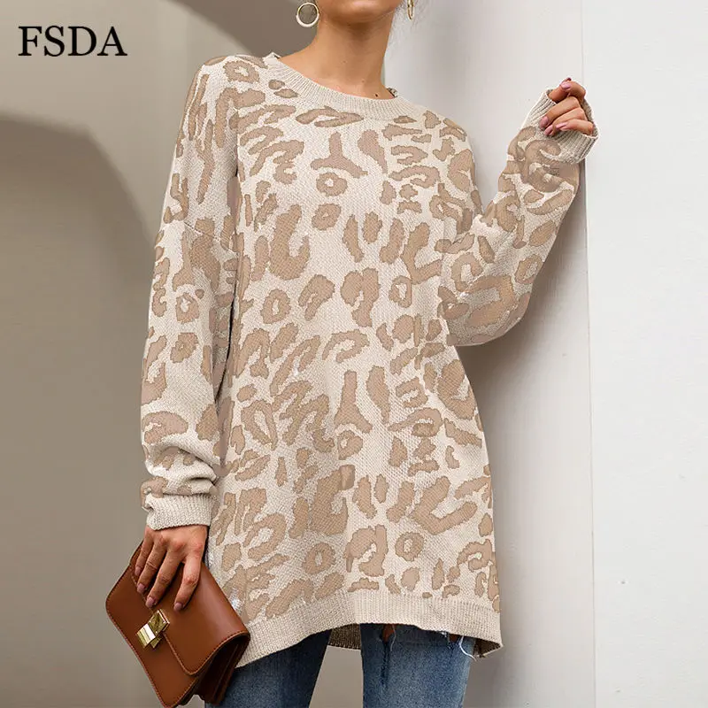 FSDA O Neck Long Sleeve Leopard Sweater Knitted Winter Spring Oversized Casual Green Pink Office Women Pullovers | Женская одежда