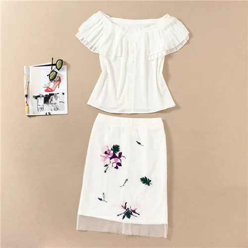2016 Июль летом новая мода листьев лотоса воротник блузки и юбки 2 шт. наборы белый