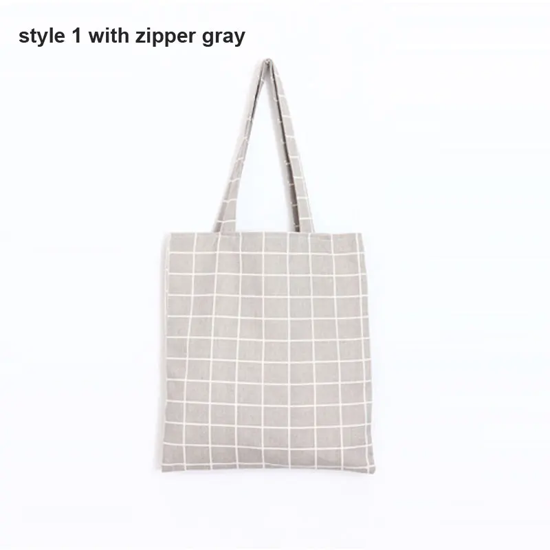 Zipper Gray Холщовая Сумка-тоут, Повседневная пляжная сумка, Эко сумка для покупок, Повседневная Складная Холщовая Сумка на плечо, клетчатая Холщовая Сумка-тоут для женщин - Цвет: Zipper Gray