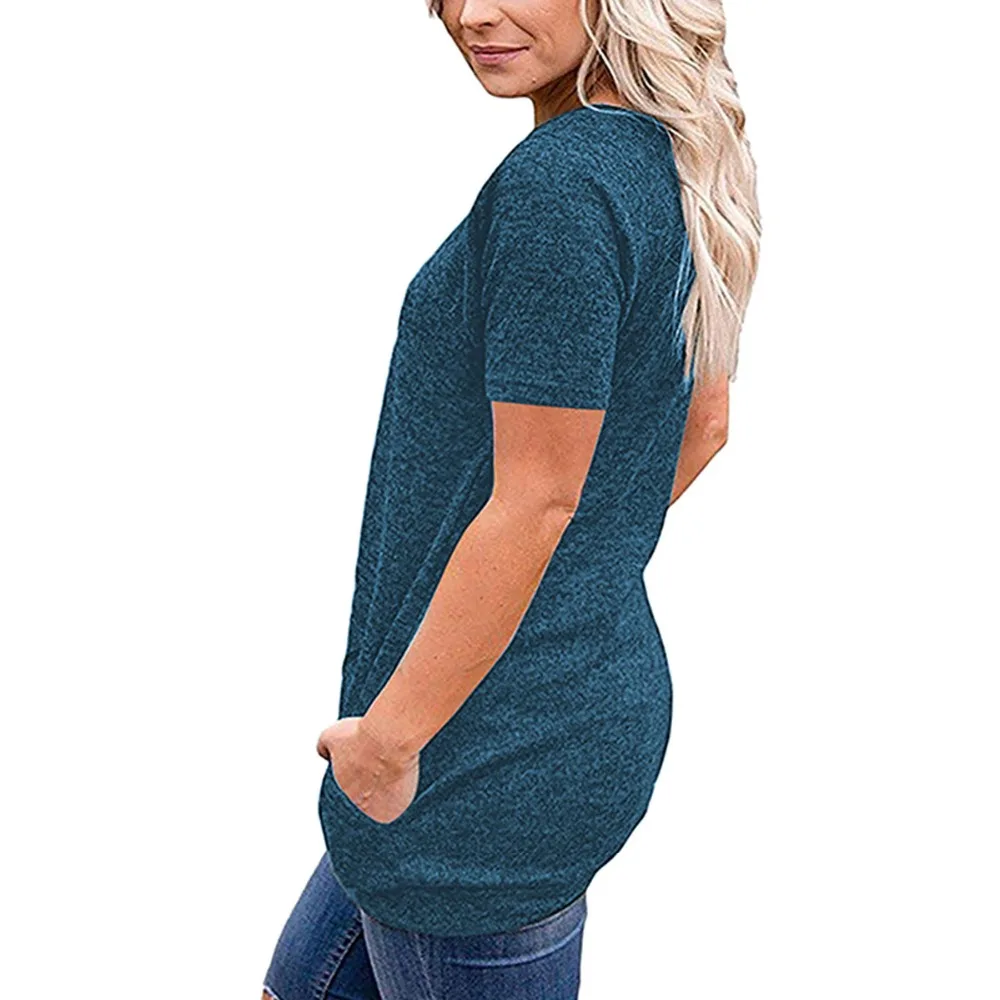 

2018 spring and autumn new European and American women's T-shirt ladies explosion models round neck pocket button short sleeve