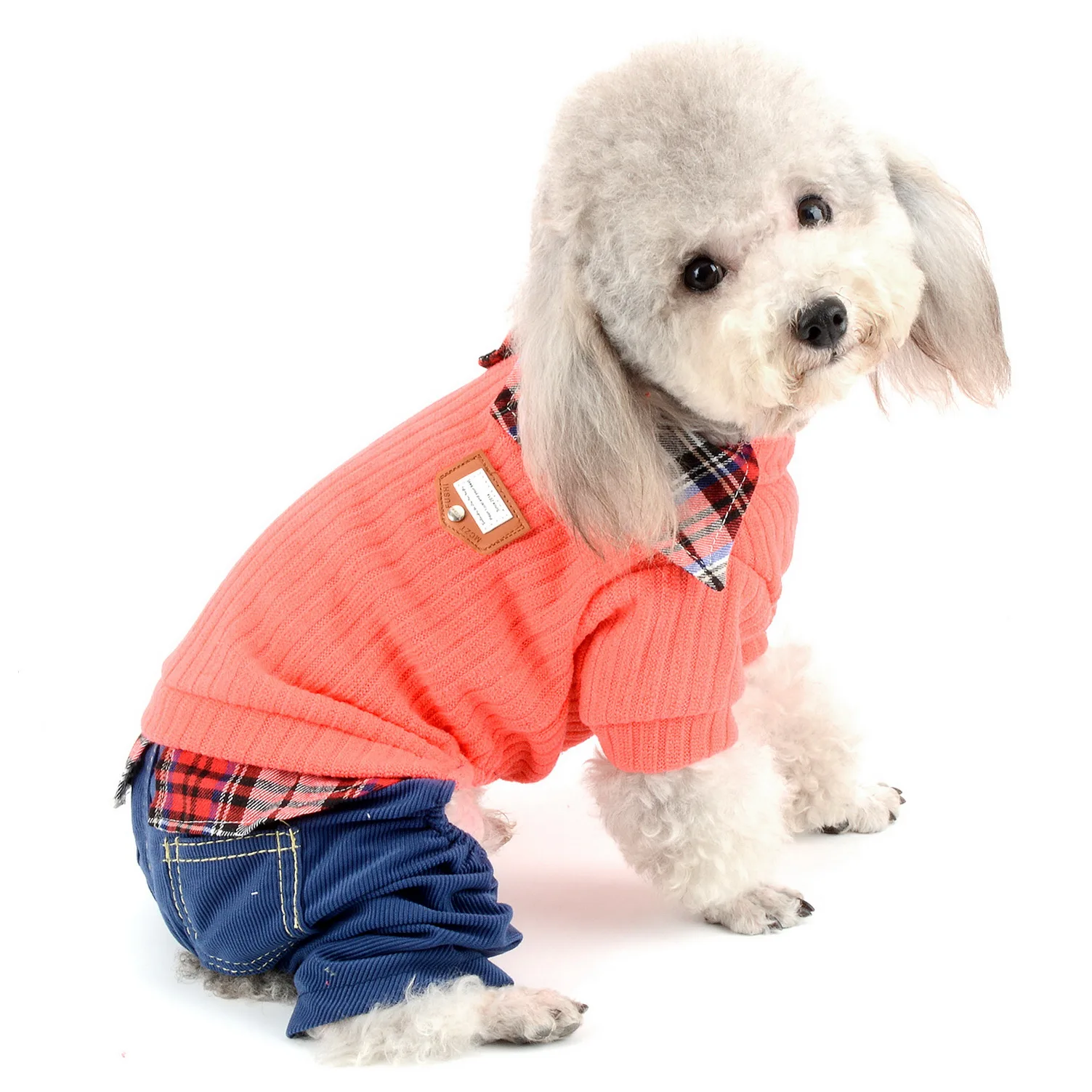 Small Dog Sweater with Plaid Shirt Collar Warm Outfits Student Style Pet Jumper Pants Puppy Knitwear for Autumn Winter |