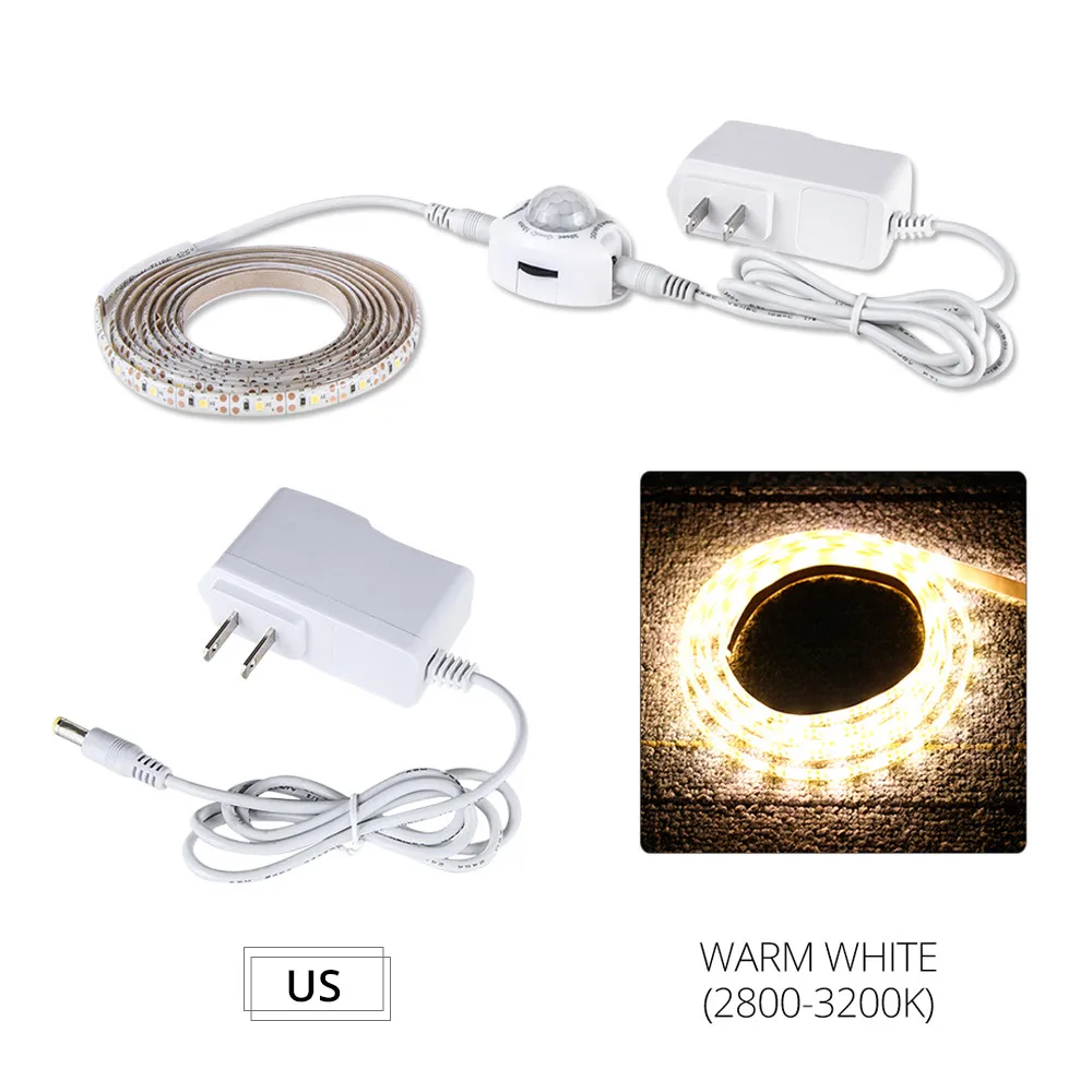 US plug warm white Датчик движения под шкаф светильник s Шкаф Кухня кровать аварийный ночной Светильник гибкая светодиодная лента DC 12 В США ЕС адаптер питания - Цвет: US plug warm white