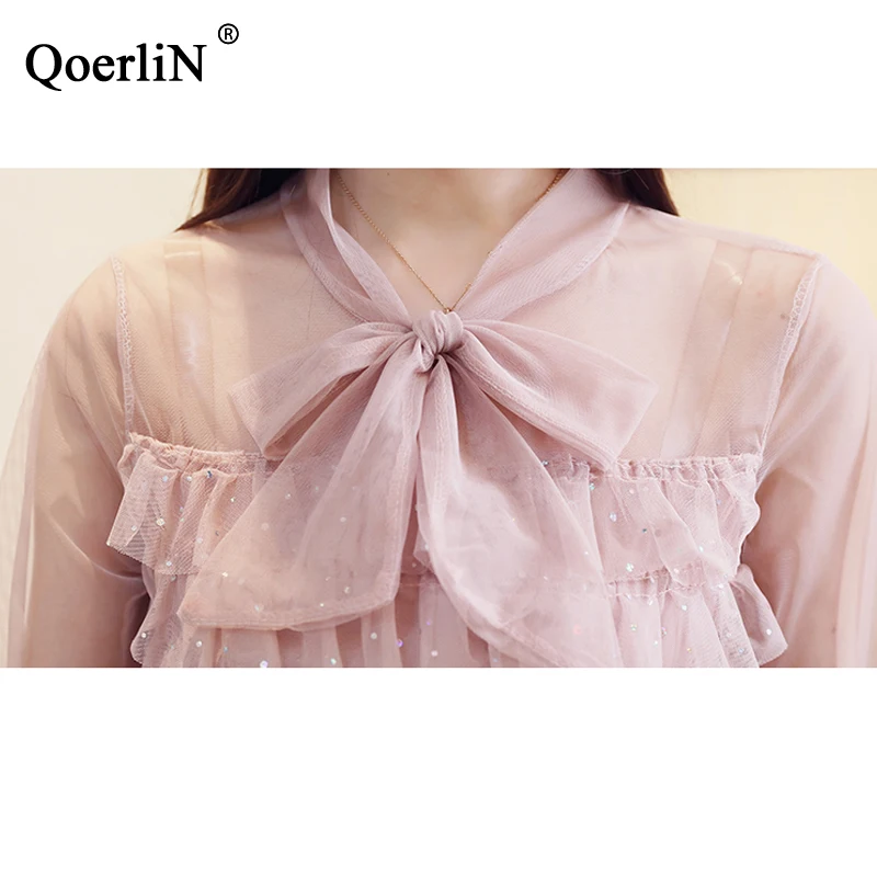 QoerliN/черная сетчатая блузка женская модная рубашка с бантом и длинными рукавами