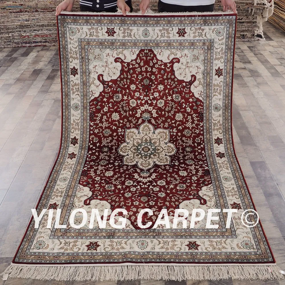 YILONG 4 'x 6' изысканный ручной работы роскошный красный шелковый ковер высокого