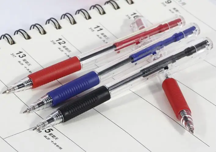 

12 Pcs Plastic Ball-point Pen Red, Blue And Black Colors Ballpoint Custom Transparent Ballpoint Pen