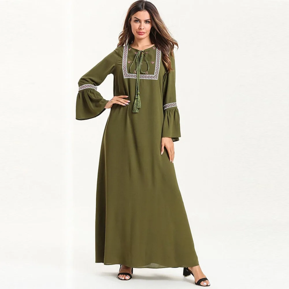Женское платье с длинным рукавом Abaya хлопковое кафтан о вырезом и принтом в стиле