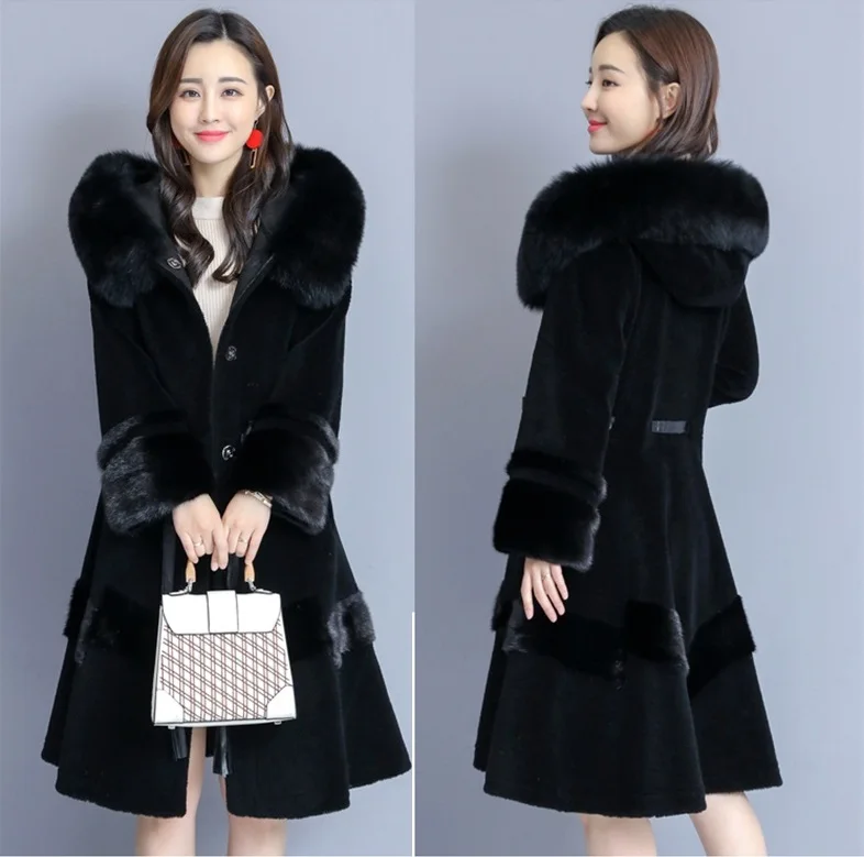 Uhytgf люксовая модель; лисий мех; воротник; капюшон; На зимнем меху пальто стрижки овец тонкая Длинная Верхняя одежда из меха норки Обувь на теплом меху куртка M-4XL Большие размеры 1027