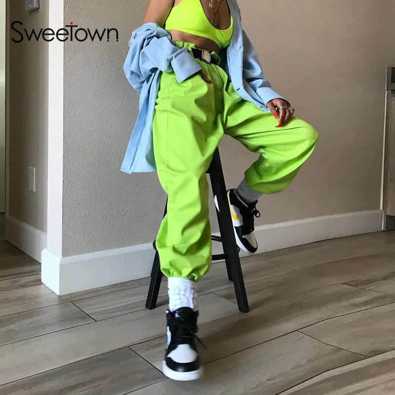 Женские свободные брюки карго Sweetown флуоресцентные зеленые с высокой талией на