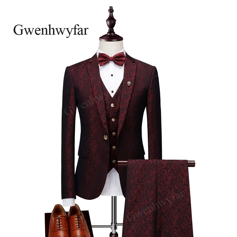 Gwenhwyfar 2018 осенний Новый Темно Красный смокинг с узорами для мужчин модный стиль