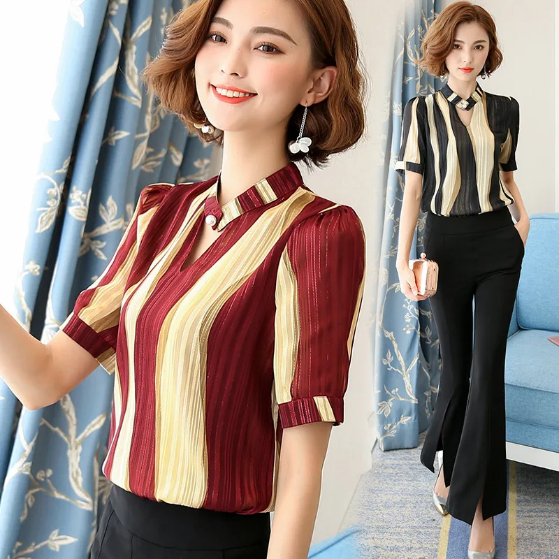 

Lady Summer Blouse Short Sleeve Shirt Girls Chiffon Shirt V Neck Women's Stripes V Collar Short Sleeved Shirt Chiffon B9651