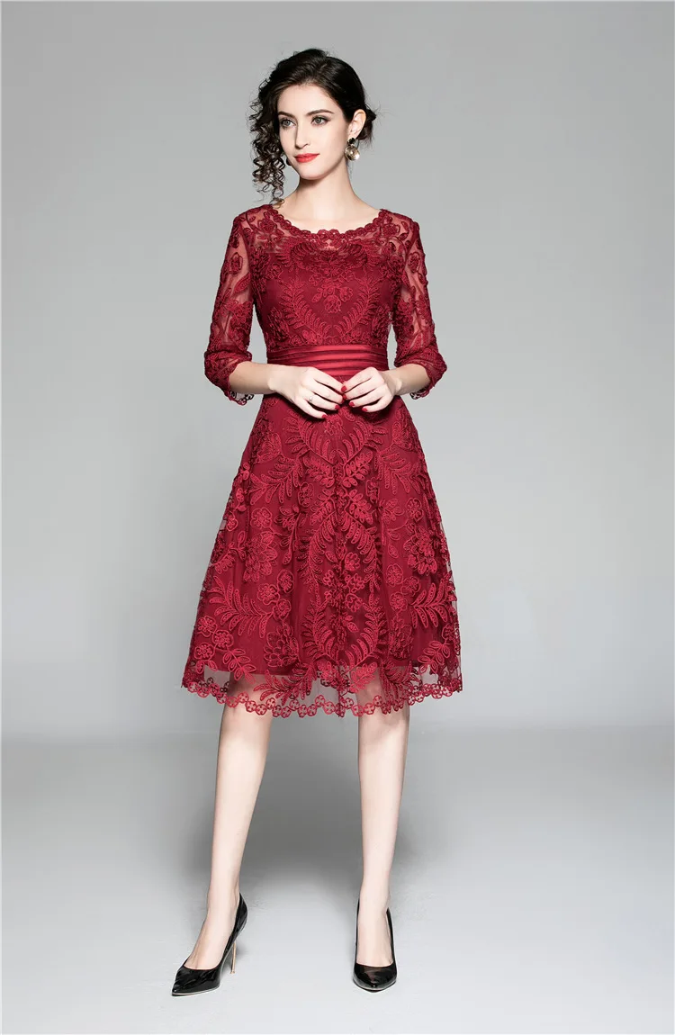 Slim Fit& Flare Dress осенние модные вечерние коктейльные девушку o-образным вырезом восхитительный повторяющийся вышивка Сетчатое платье Vestidos Fiesta