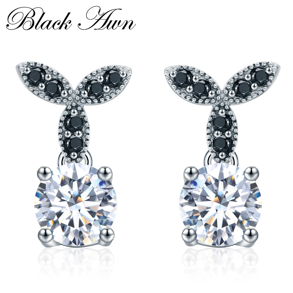 Черные серебряные ювелирные изделия Awn, модные серьги для помолвки для женщин, круглые свадебные серьги-гвоздики T035