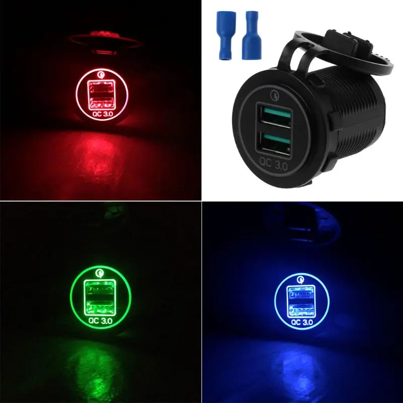 Двойной USB Quick Charge 3,0 светодиодный быстрое зарядное устройство для 12 V/24 V автомобиля лодки мотоцикла SUV автобуса грузовика морского