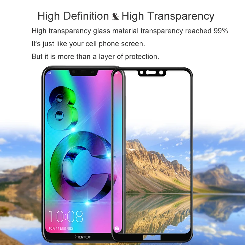 2 шт. 100% оригинальное закаленное стекло с полным покрытием для Huawei Honor 8C защитное 9H
