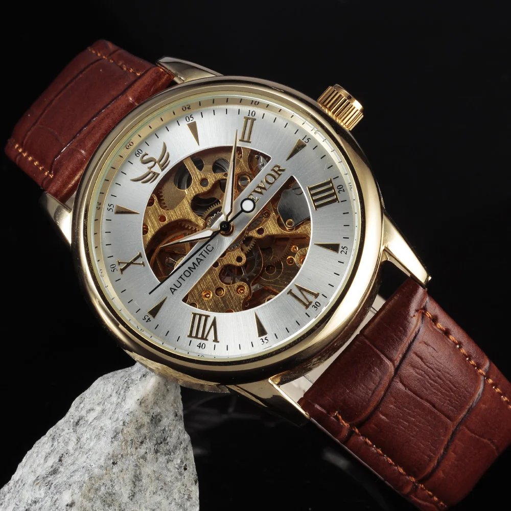 Мужские механические часы скелетоны с кожаным ремешком под давлением|wristwatches