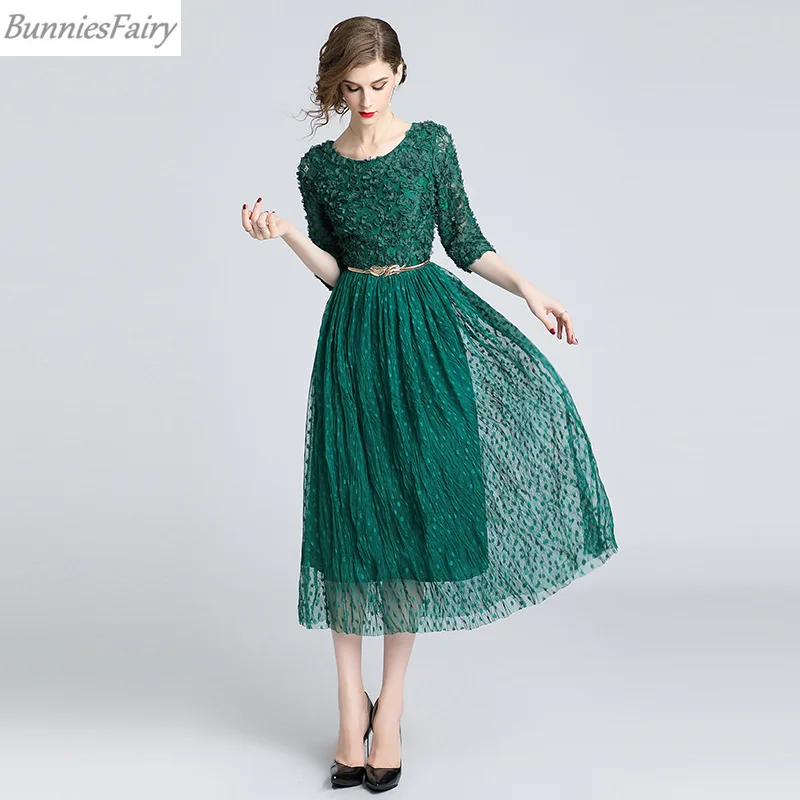BunniesFairy 2018 осенью новый Для женщин Элегантные цветы зеленый кружева лоскутное