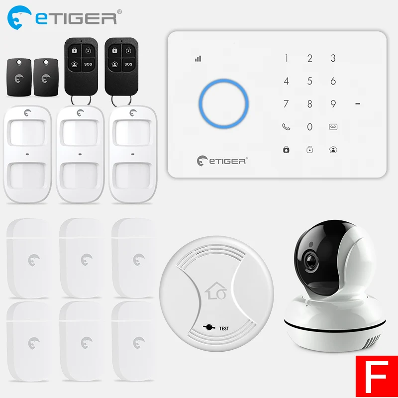 SET F ETiger S3b GSM сигнализация Системы комплект домашней сигнализации с PIR датчиком движения Wi-Fi ip-камеры Беспроводной детектор дыма - Цвет: SET F