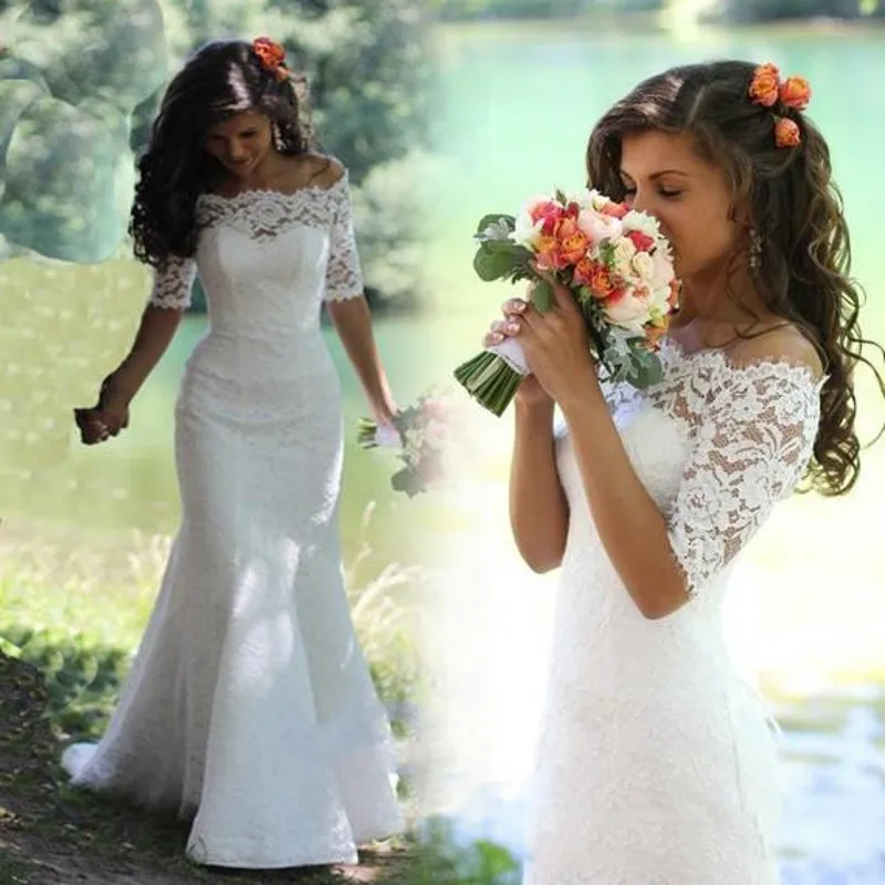 Фото Кружевное свадебное платье-русалка с коротким рукавом и открытыми плечами |