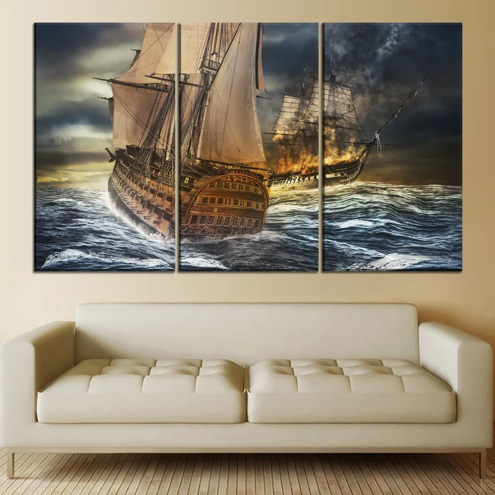 Корабли морской шторм битва Настенная картина один комплект 3 предмета Стиль