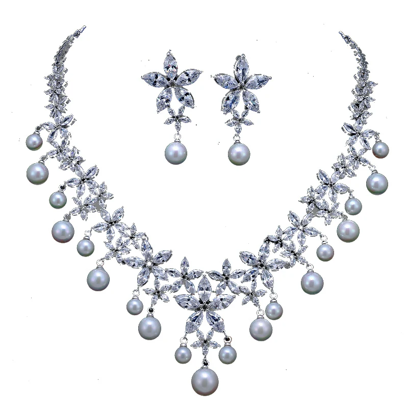 GMGYQ Trendy Imitate Pearl Jewelry Fashion Bride AAA Cubic Zircon Earrings Necklace Set Factory Wholesale Sales | Украшения и