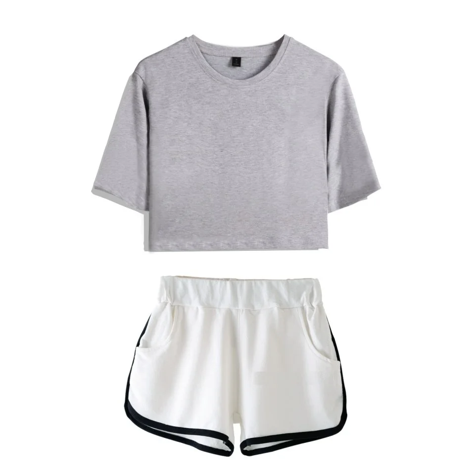 gray1 Solid color Дропшиппинг DIY Пользовательский логотип комплект из двух предметов женский хлопковый укороченный топ и шорты Kpop сексуальный пупок укороченная футболка костюм Лето - Цвет: gray1 Solid color