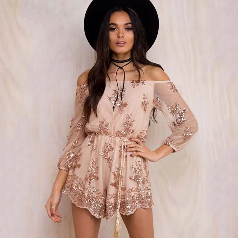2018 блесток кружева на комбинезон Для женщин сексуальная с плеча комбинезоны