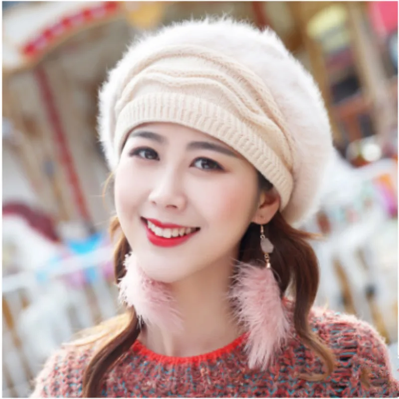 Двухслойная шерстяная теплая шапка Skullies & Beanies мягкая женская вязаная с кроличьим