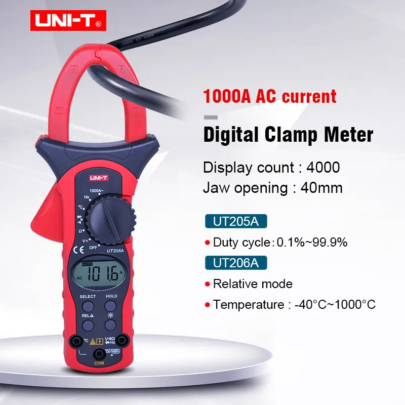 UNI-T  UT205A UT206A Auto Range 1000A Digital Clamp Meter Multimeters Voltmeter Diode test Data hold with LCD backlight